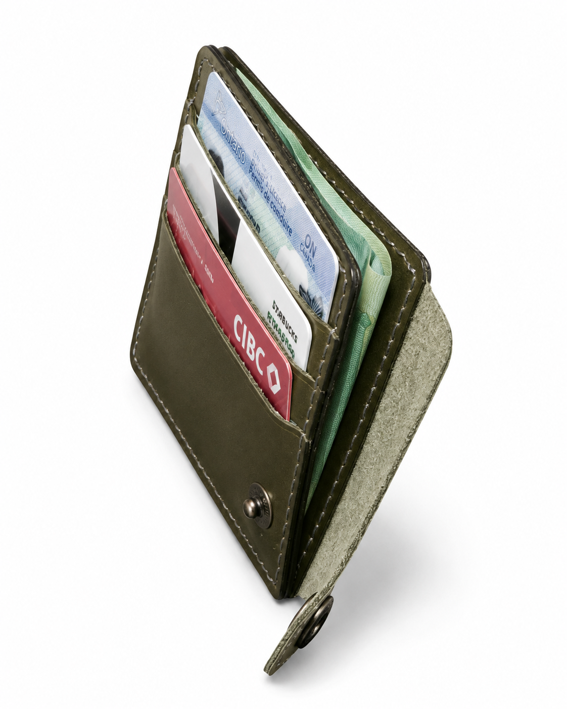 Olive Green Leather Card Holder Wallet for Men | Slim Snap Closure Wallet